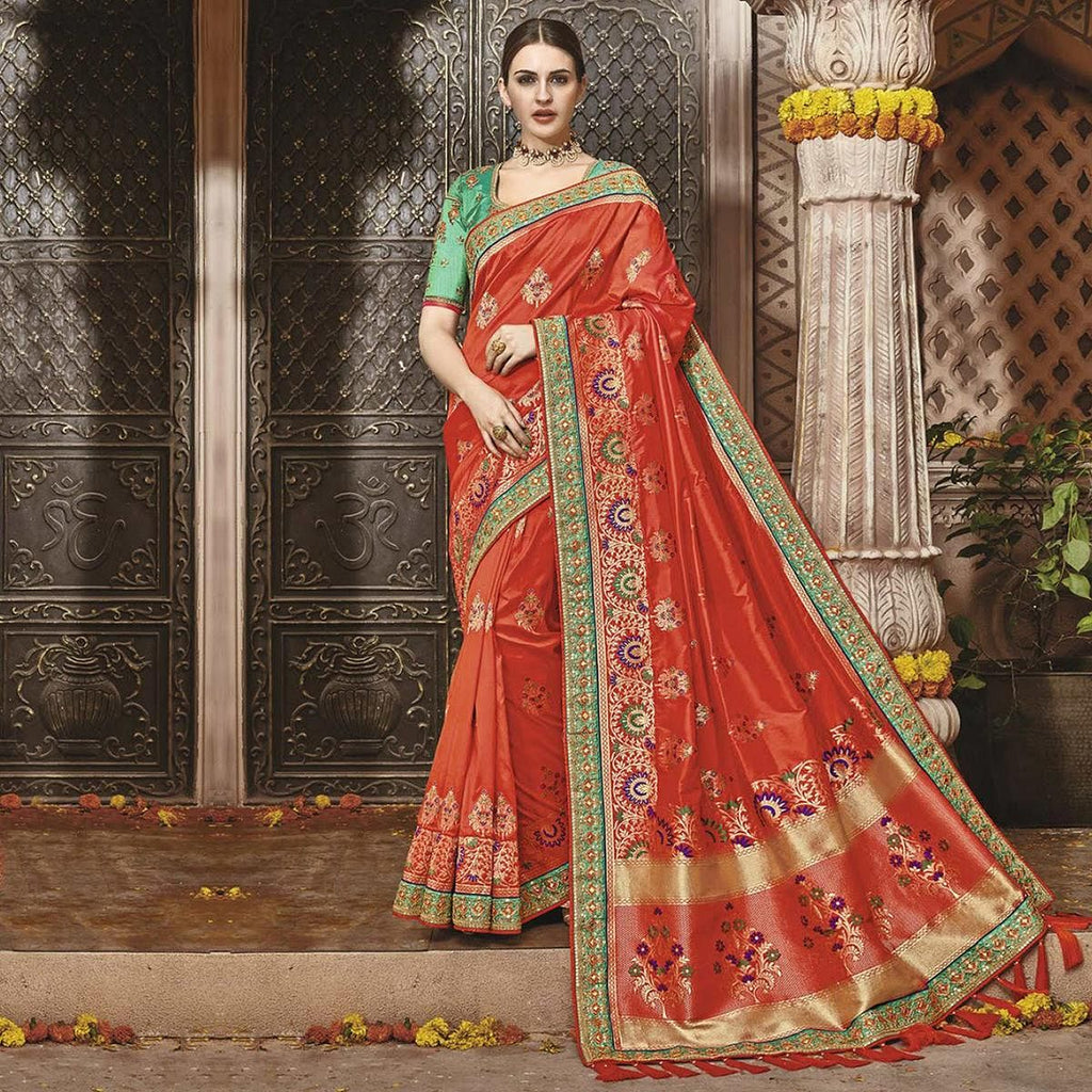 Traditional Orange Silk Jacquard Designer Embroidered Saree