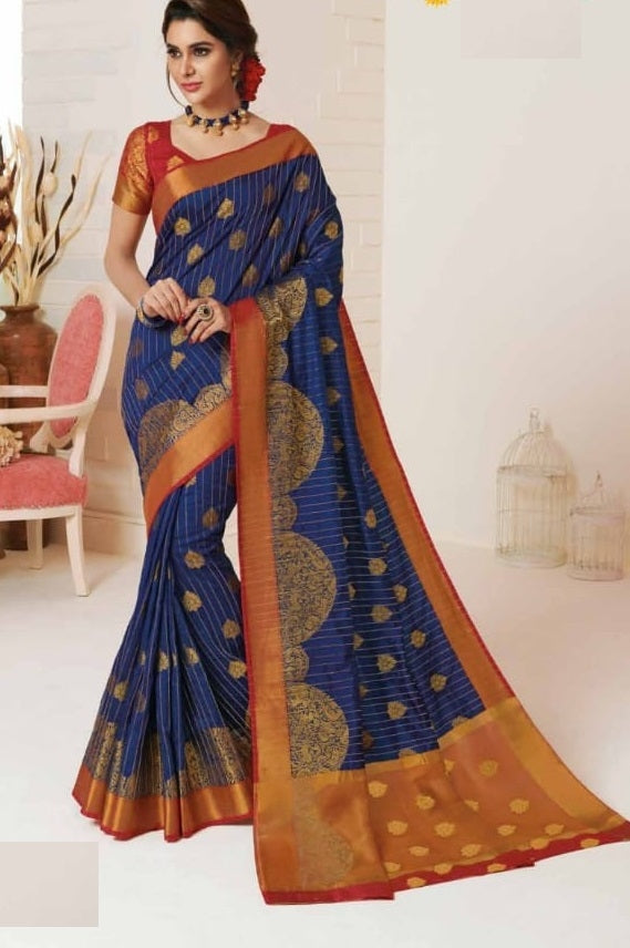 Dark Blue & Red Raw Silk Heavy Saree