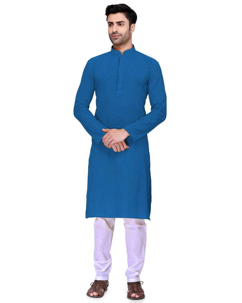 Dark Blue & White Colour Readymade Men's Wear Kurta Pyjama