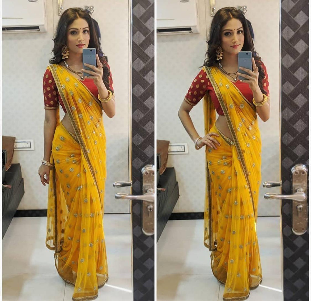 Royal Style Yellow Colour Embroidery Work Saree