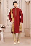 Dark  Maroon & Beige Colour Readymade Sherwani