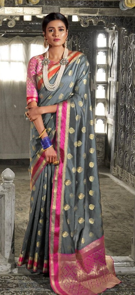 Gray Colour Handloom Weaving Silk Saree