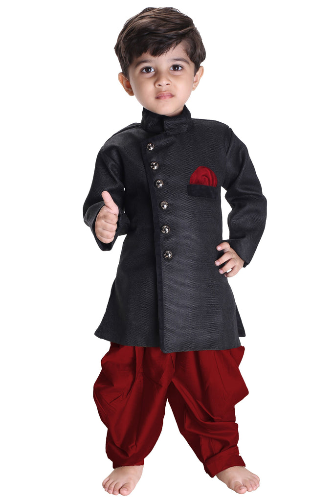Dark Maroon & Black Colour Kid's Wear Readymade Sherwani