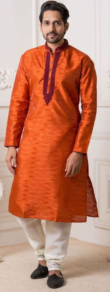 Nice Orange & White Silk Kurta Pajama