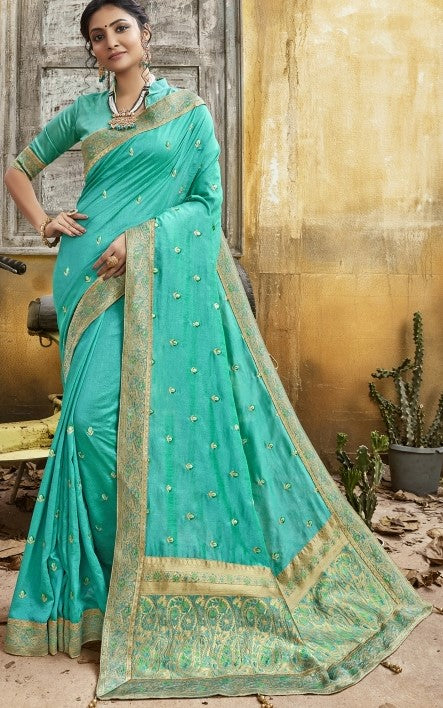 Dark Sky Blue Chanderi Silk Saree
